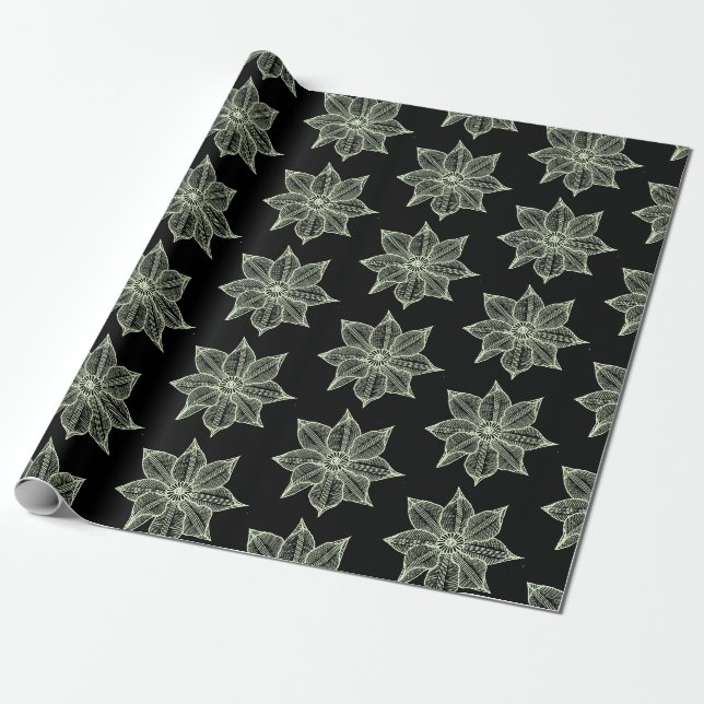 Papier Cadeau Vert clair sur Fleurs croquantes noires (Déroulé)