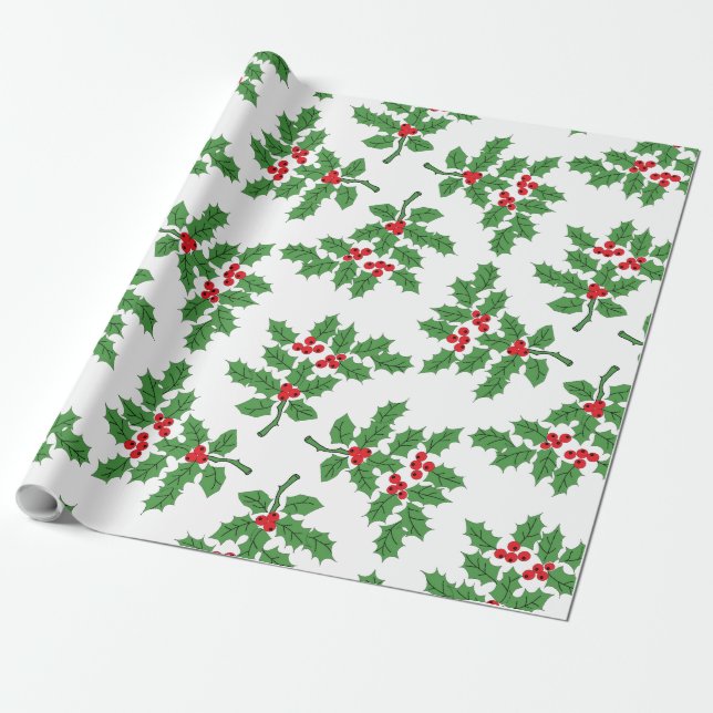 Papier Cadeau Vert de baies de houx (Déroulé)