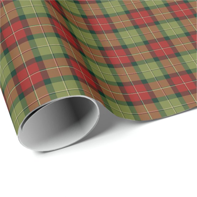 Papier Cadeau Vert de mousse et motif rustique rouge de plaid de (Coin rond)