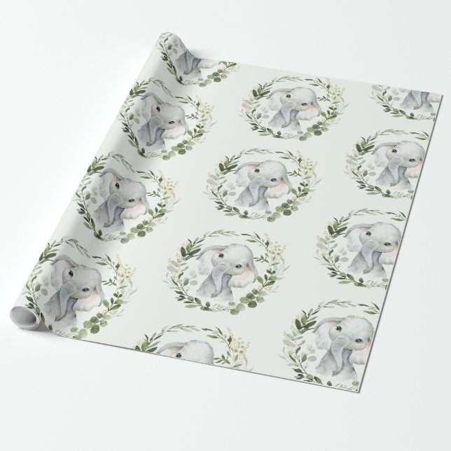 Papier Cadeau Vert doux et élégant Feuilles d'or Baby Elephant (Déroulé)