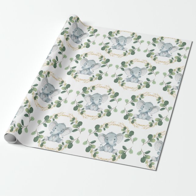Papier Cadeau Vert Eléphant doux et neutre Bébé d'or Anniversair (Déroulé)