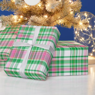 Papier Cadeau Vert émeraude, rose chaud, Madras plaid prépa blan