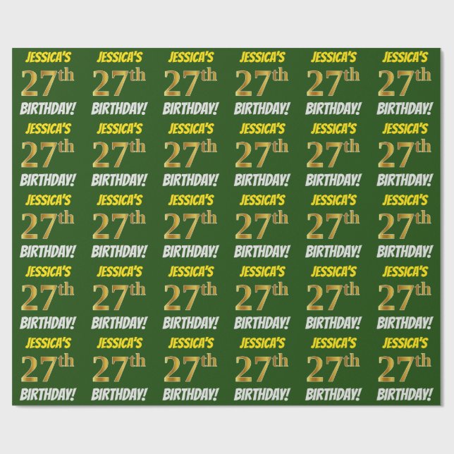 Papier Cadeau Vert, Faux/Imitation Or, "27ème anniversaire" (Plat)