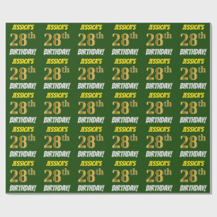 Papier Cadeau Vert, Faux/Imitation Or, "28e ANNIVERSAIRE"