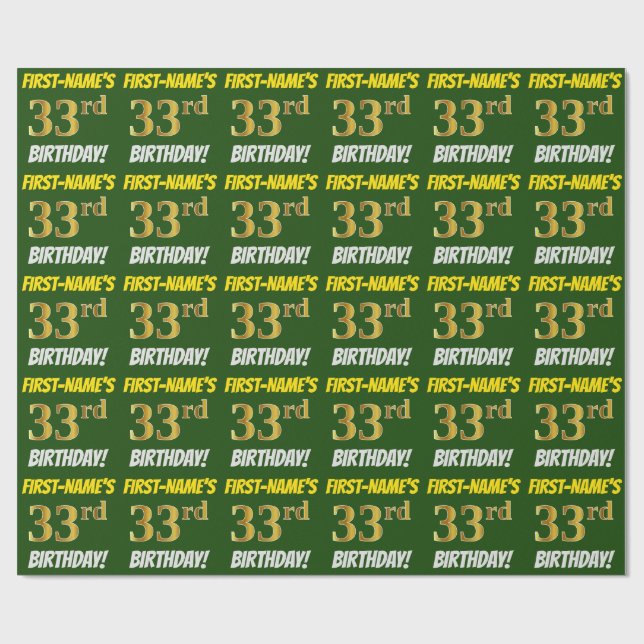 Papier Cadeau Vert, Faux/Imitation Or, "33e anniversaire" (Plat)