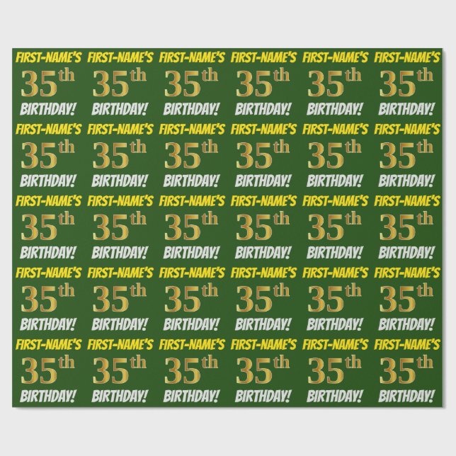 Papier Cadeau Vert, Faux/Imitation Or, "35e anniversaire" (Plat)