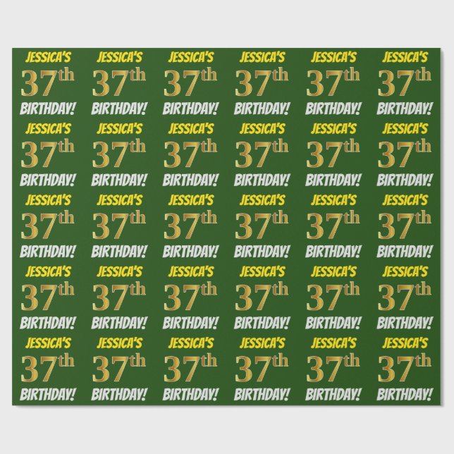 Papier Cadeau Vert, Faux/Imitation Or, "37ème anniversaire" (Plat)