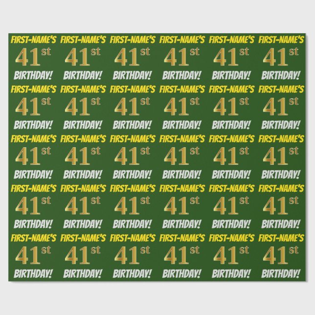 Papier Cadeau Vert, Faux/Imitation Or, "41e ANNIVERSAIRE" (Plat)