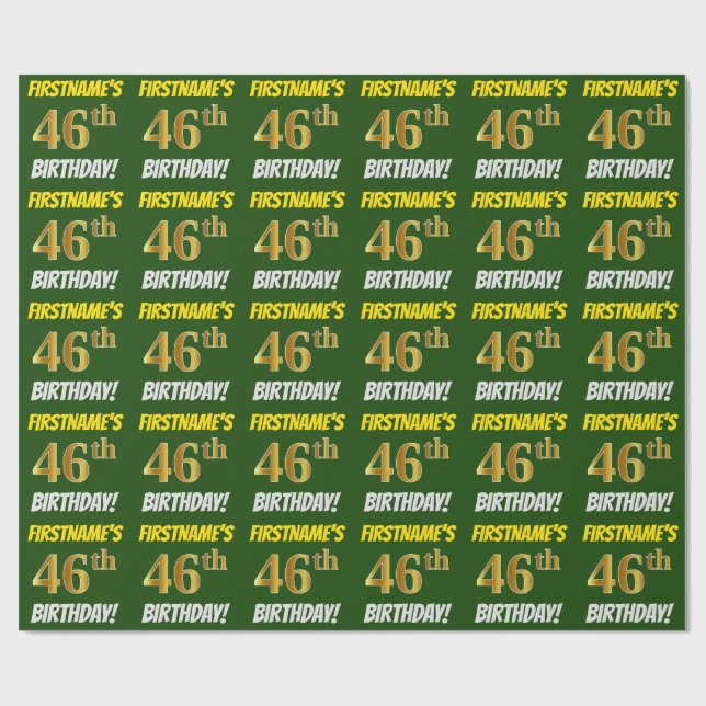 Papier Cadeau Vert, Faux/Imitation Or, "46e anniversaire" (Plat)