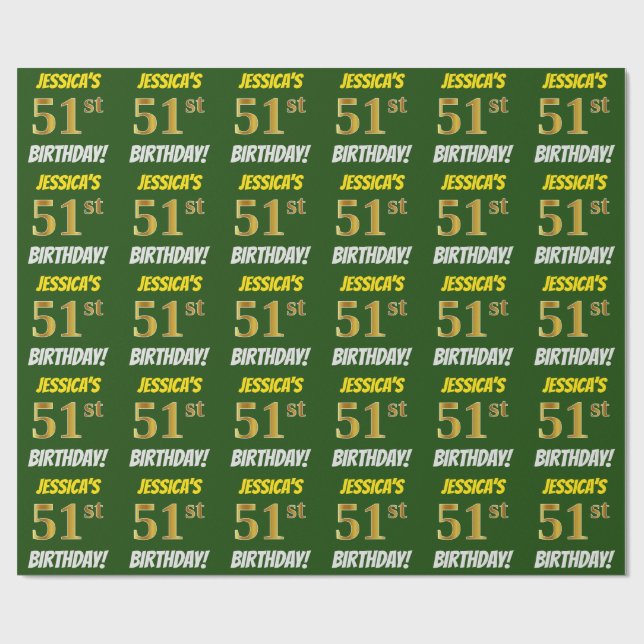 Papier Cadeau Vert, Faux/Imitation Or, "51e ANNIVERSAIRE" (Plat)