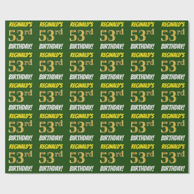 Papier Cadeau Vert, Faux/Imitation Or, "53ème anniversaire" (Plat)