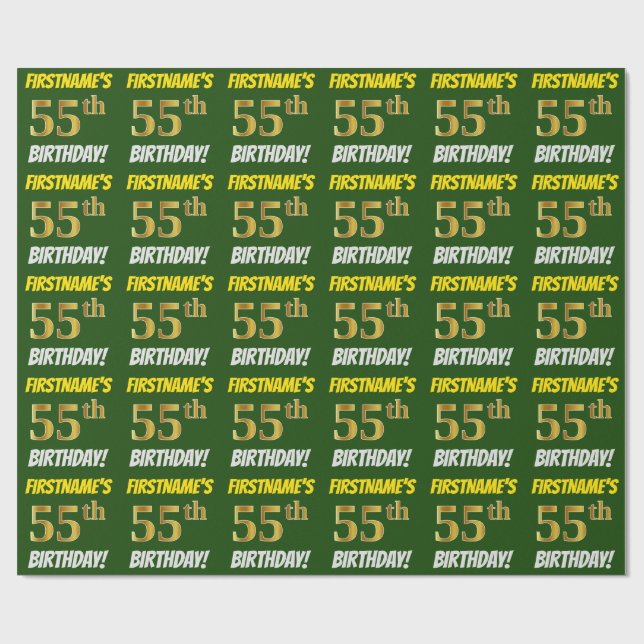 Papier Cadeau Vert, Faux/Imitation Or, "55e anniversaire" (Plat)