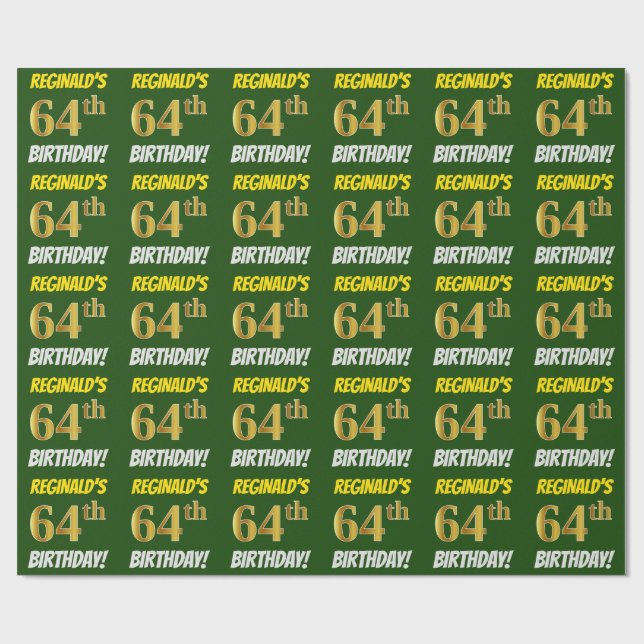 Papier Cadeau Vert, Faux/Imitation Or, "64e anniversaire" (Plat)