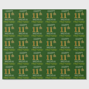 Papier Cadeau Vert, Faux Or "HEUREUX 11ème anniversaire"