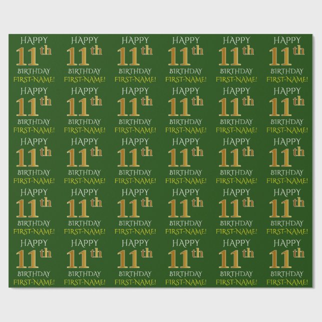 Papier Cadeau Vert, Faux Or "HEUREUX 11ème anniversaire" (Plat)