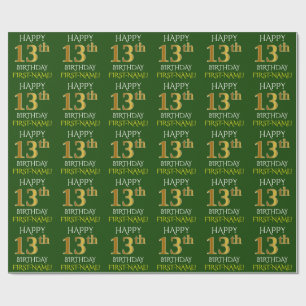 Papier Cadeau Vert, Faux Or "HEUREUX 13ème anniversaire"