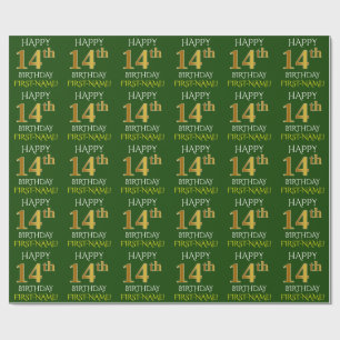 Papier Cadeau Vert, Faux Or "HEUREUX 14ème anniversaire"
