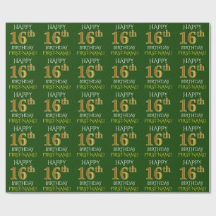 Papier Cadeau Vert, Faux Or "HEUREUX 16ème anniversaire"