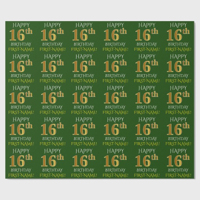 Papier Cadeau Vert, Faux Or "HEUREUX 16ème anniversaire" (Plat)
