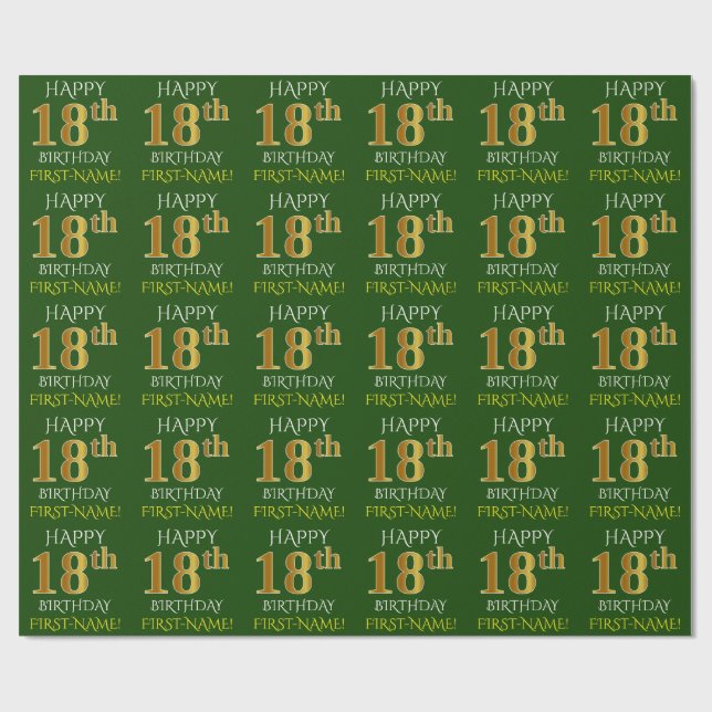 Papier Cadeau Vert, Faux Or "HEUREUX 18ème anniversaire" (Plat)