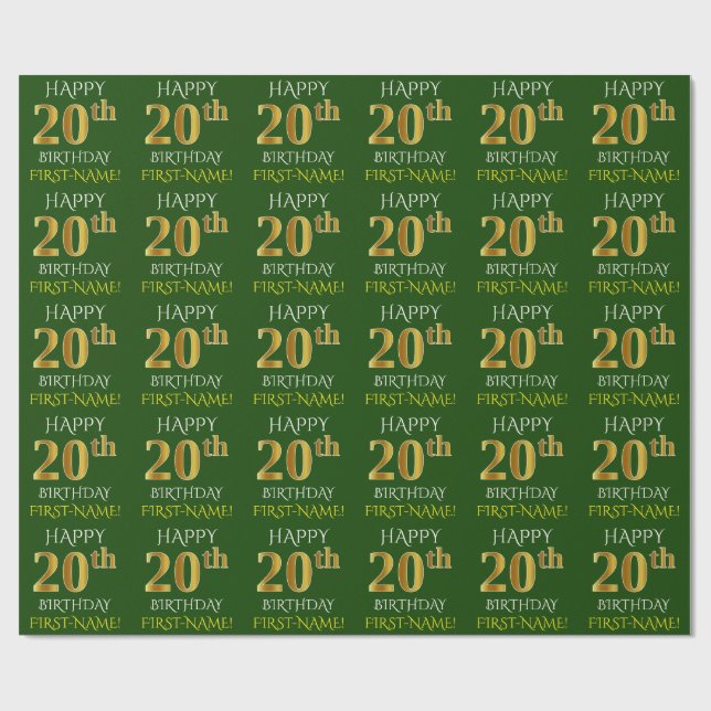 Papier Cadeau Vert, Faux Or "HEUREUX 20ème anniversaire" (Plat)