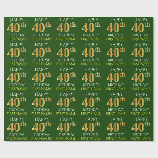 Papier Cadeau Vert, Faux Or "HEUREUX 40ème anniversaire" (Plat)