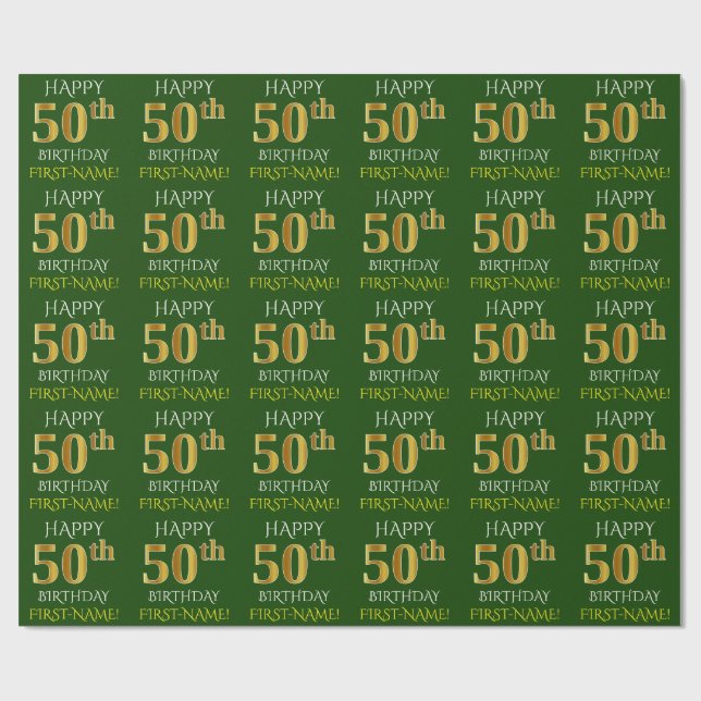 Papier Cadeau Vert, Faux Or "HEUREUX 50ème anniversaire" (Plat)