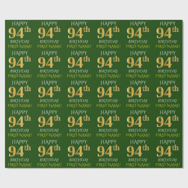 Papier Cadeau Vert, Faux Or "HEUREUX 94ème anniversaire" (Plat)