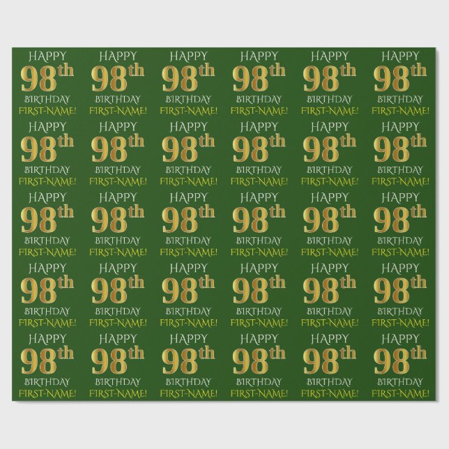 Papier Cadeau Vert, Faux Or "HEUREUX 98e ANNIVERSAIRE" (Plat)