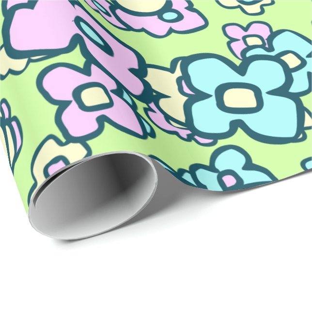 Papier Cadeau Vert floral gai de ressort de fleurs sauvages (Coin rond)