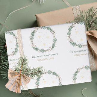 Papier Cadeau Vert forêt Étoiles dorées Noël Nom de famille