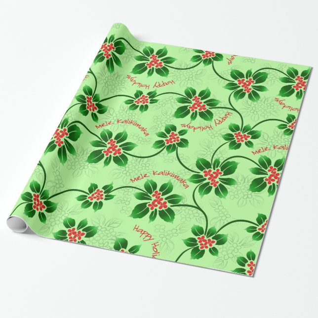 Papier Cadeau Vert hawaïen de Noël de Mele Kalikimaka de houx (Déroulé)