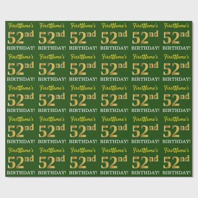 Papier Cadeau Vert, Imitation Gold Look "52e anniversaire" (Plat)