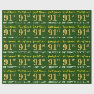 Papier Cadeau Vert, Imitation Gold Look "91ème anniversaire"