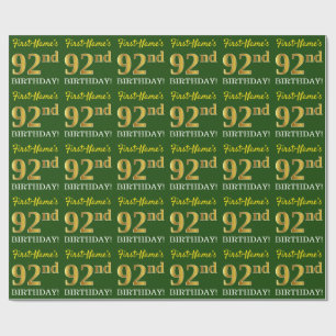 Papier Cadeau Vert, Imitation Gold Look "92e anniversaire"