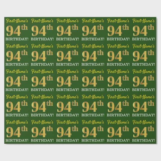 Papier Cadeau Vert, Imitation Gold Look "94e anniversaire" (Plat)