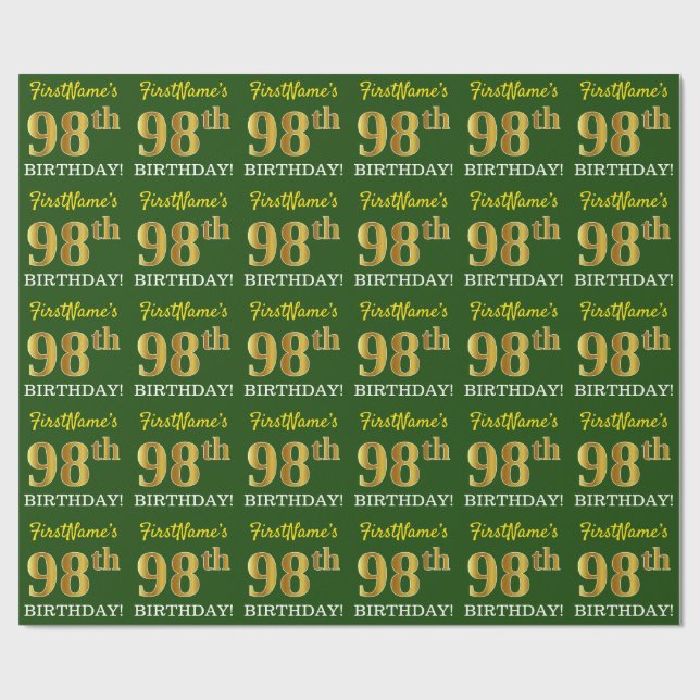 Papier Cadeau Vert, Imitation Gold Look "98e anniversaire" (Plat)