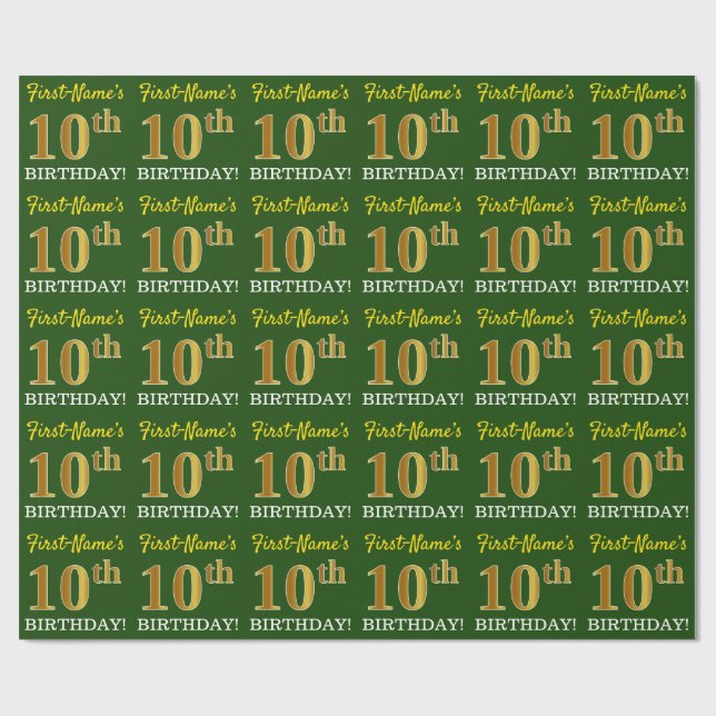 Papier Cadeau Vert, Imitation Or Look "10ème anniversaire" (Plat)