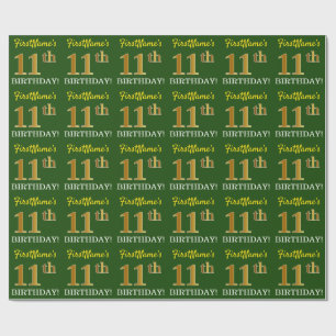 Papier Cadeau Vert, Imitation Or Look "11ème anniversaire"
