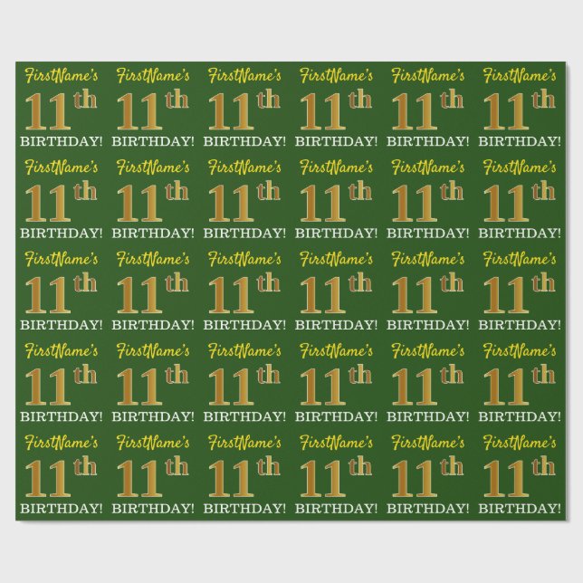 Papier Cadeau Vert, Imitation Or Look "11ème anniversaire" (Plat)