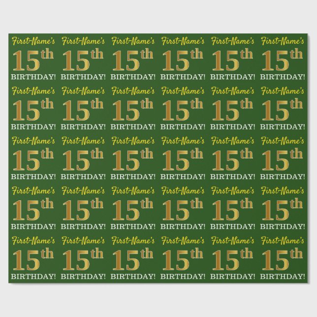 Papier Cadeau Vert, Imitation Or Look "15ème anniversaire" (Plat)