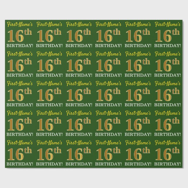 Papier Cadeau Vert, Imitation Or Look "16ème anniversaire" (Plat)