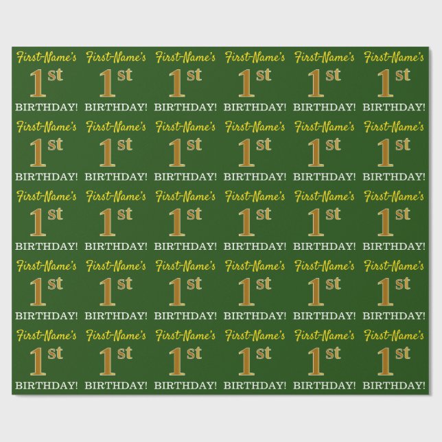 Papier Cadeau Vert, Imitation Or Look "1er anniversaire" (Plat)