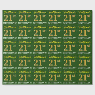 Papier Cadeau Vert, Imitation Or Look "21ème anniversaire"