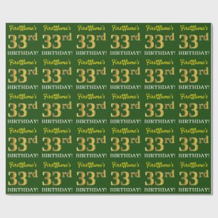 Papier Cadeau Vert, Imitation Or Look "33ème anniversaire"