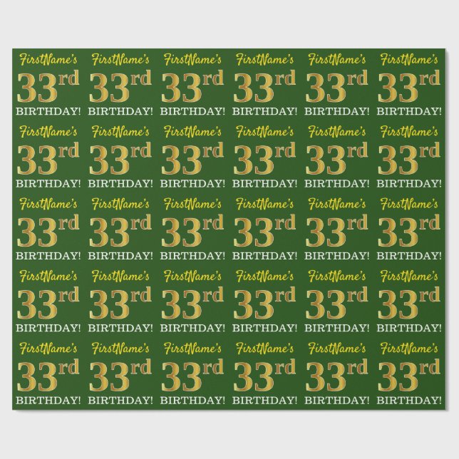 Papier Cadeau Vert, Imitation Or Look "33ème anniversaire" (Plat)