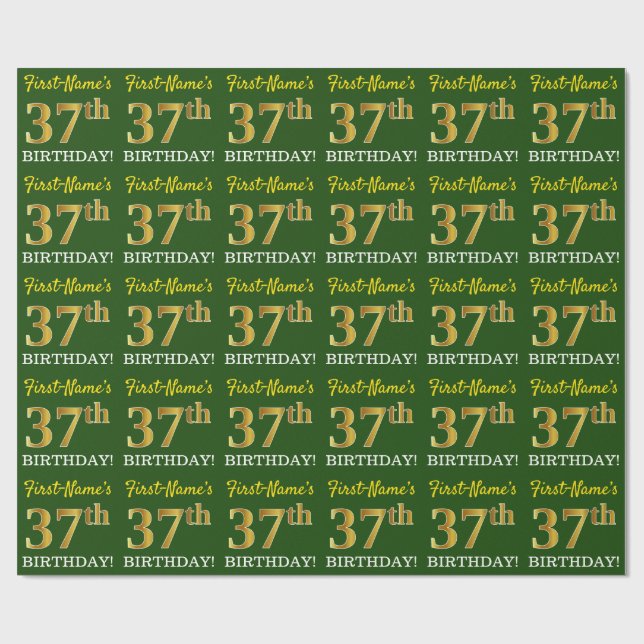 Papier Cadeau Vert, Imitation Or Look "37ème anniversaire" (Plat)