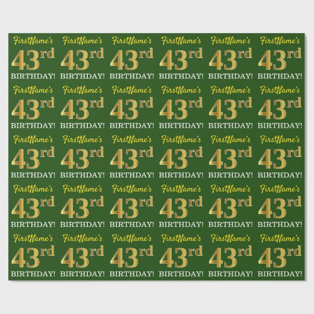 Papier Cadeau Vert, Imitation Or Look "43ème anniversaire" (Plat)