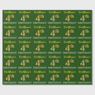 Papier Cadeau Vert, Imitation Or Look "4e anniversaire"