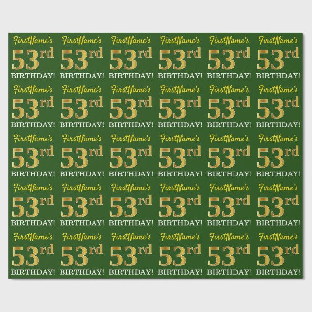 Papier Cadeau Vert, Imitation Or Look "53ème anniversaire" (Plat)